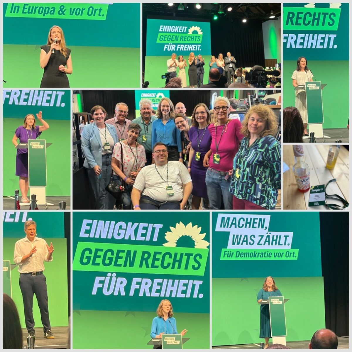 Eindrücke vom Länderrat in Potsdam am 1. Juni 2024. Im Uhrzeigersinn: EU-Kandidatin Terry Reintke, Grünen-Spitze, Annalena Baerbock, Ricarda Lang, Eva Lettenbauer, Robert Habeck, Lisa Badum. Mitte: Team Bayern in Brandenburg.