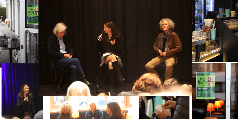 Eindrücke von der Kino-Matinee "Petra Kelly – Act Now!" mit anschließender Diskussion; auf dem Podium Prof. Ursula Münch, Dr. Johanna Vocht, Doris Metz (v.l.).