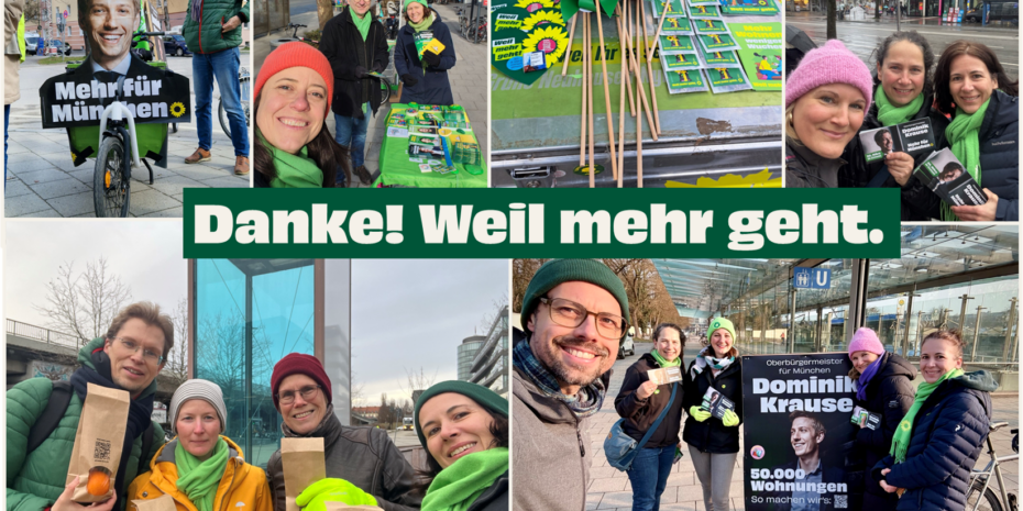 Eindrücke aus dem Wahlkampf. Bilder von Infoständen, einem Lastenrad mit dem Konterfei von Dominik Krause und Personen nach dem Haustürwahlkampf